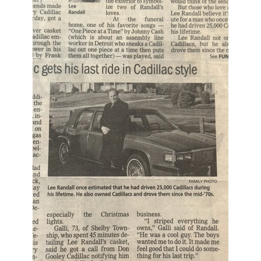 image framed‎ newspaper clipping funeral Lee Randall longtime Cadillac mechanic